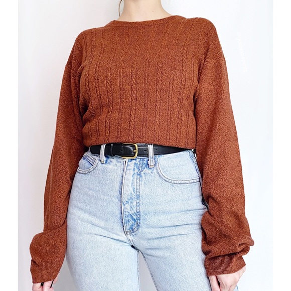 Vintage Sweaters - Vintage Oversized Autumn Orange Speckled Cable Knit Crew Sweater